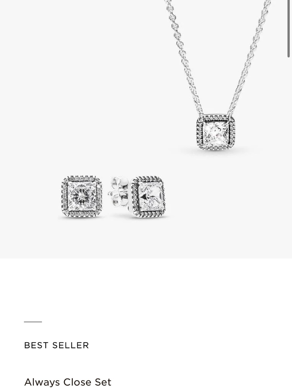 Silver Cubic Zirconia Necklace & Stud Earrings. Square Sparkle Halo set.